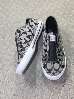 Coach Size 7 Black Grey Logo Slip On Sneakers